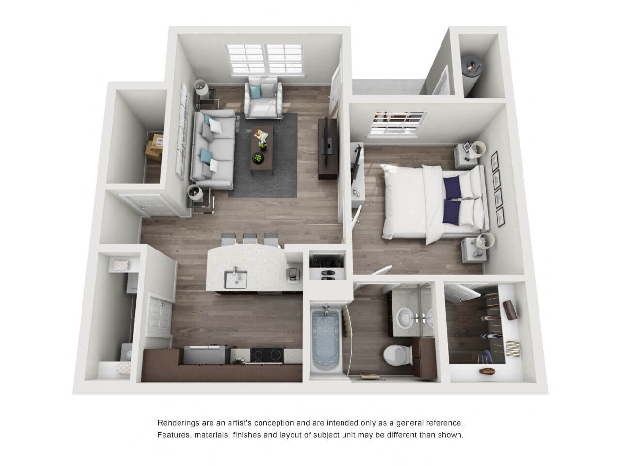 Floor plan for 1 bed, 1 bath, 581 sqft